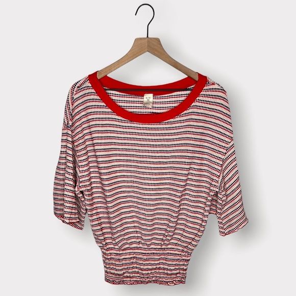 We The Free Ebony Multicolor Striped Smocked Waist Wide Short Sleeve Tee - Picture 1 of 6